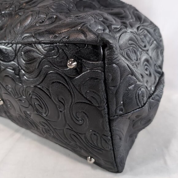 Isadora Italy Tooled Leather Purse Black Large Shoulder Bag Tote Swirls MSRP$425 - Picture 7 of 16